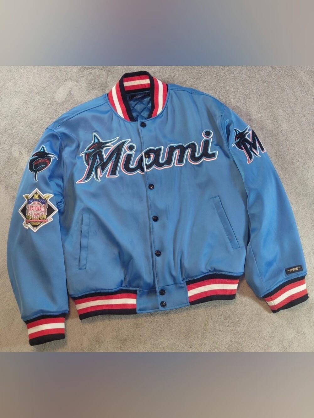 Pro Player Miami Blue Satin Bomber Jacket with Red & White Trim